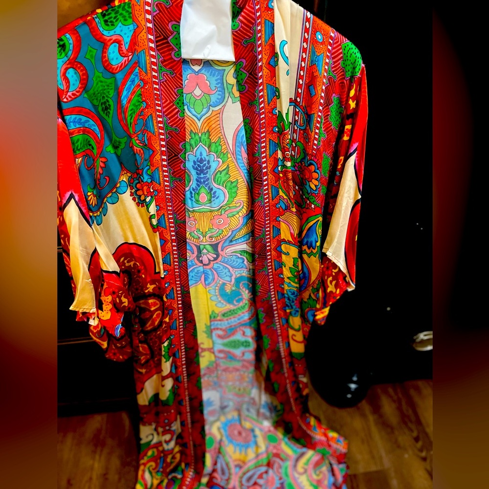Silk blend red multicolor duster great to dress up or down